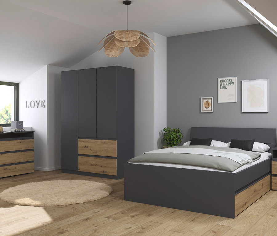 Schlafzimmer mit grauem, 3-türigem Rauch Kleiderschrank »Joel« in Grau Metallic/Eiche Artisan.