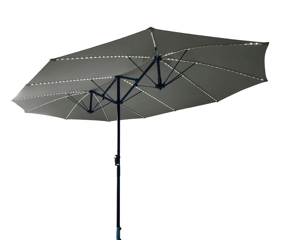 Grauer, ovaler LECO Doppel-Sonnenschirm mit LED-Beleuchtung.