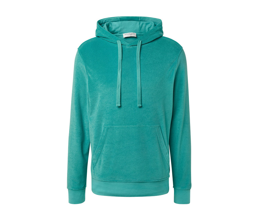 Ein grüner Frottee-Hoodie mit Kängurutasche.