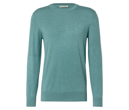 Hellgrüner Strickpullover mit Rundhalsausschnitt und langen Ärmeln.