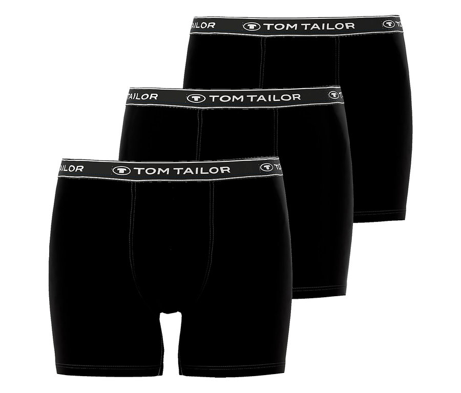 Drei schwarze Tom Tailor Boxershorts mit elastischem Bund, gestapelt übereinander.