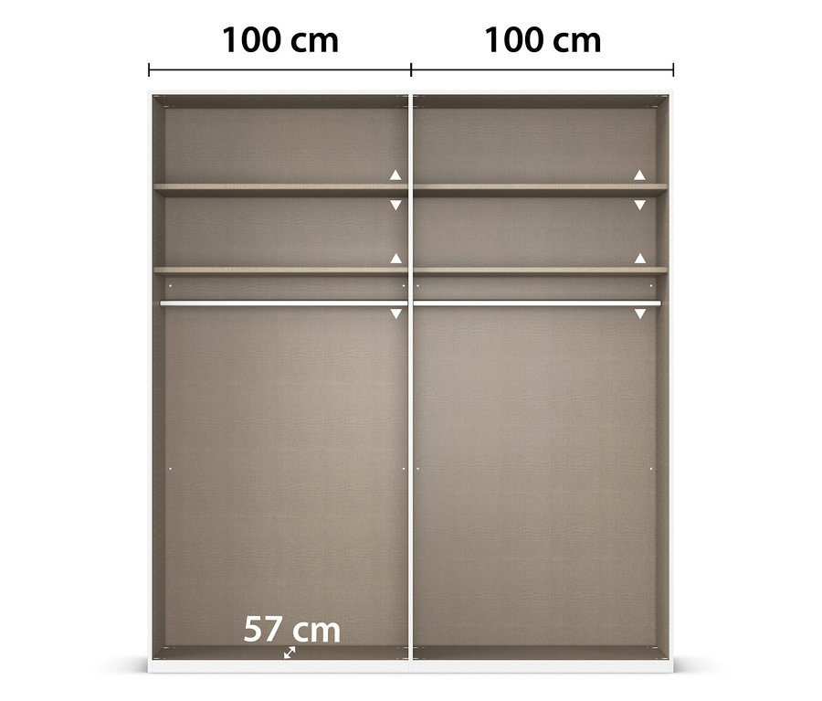 Dargestellt ist ein Schrank mit zwei Schiebetüren, vier Regalböden und den Maßen 100 x 100 x 57 cm.