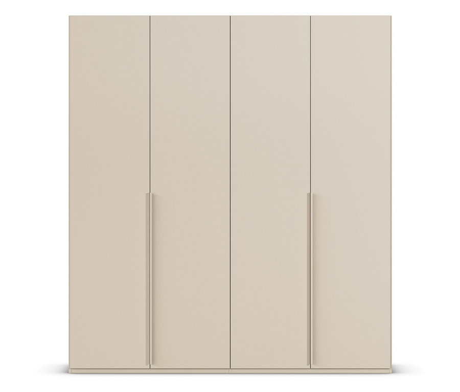 Ein beiger Kleiderschrank mit vier Türen und langen, schmalen Griffen.