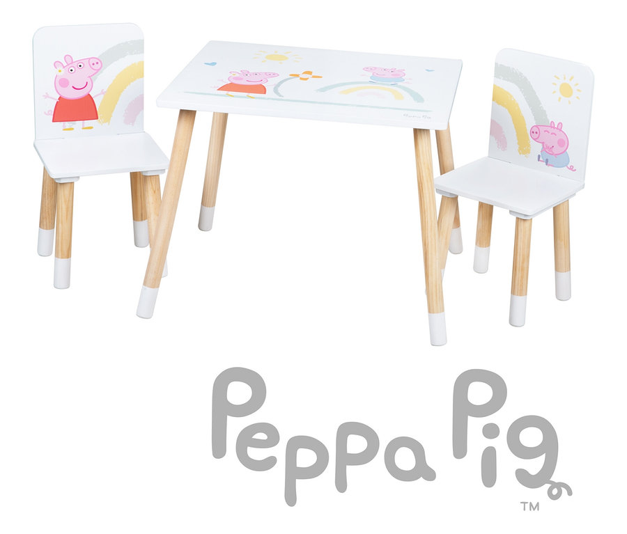 Tisch und zwei Stühle für Kinder mit Peppa Pig Motiven.