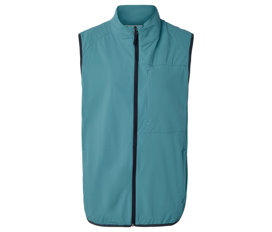 Hellblaue Weste mit durchgehendem Reißverschluss.