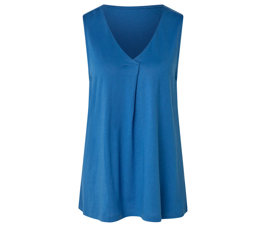 Ärmelloses, blaues Oberteil mit V-Ausschnitt.
