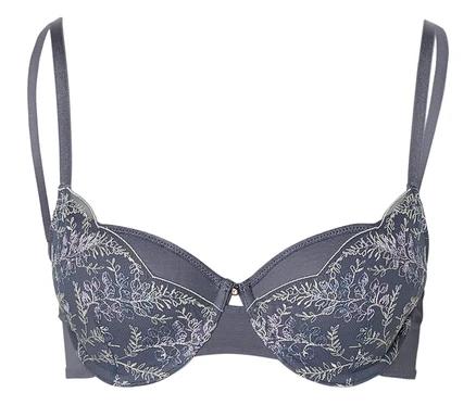 Grauer BH mit floraler Stickerei.
