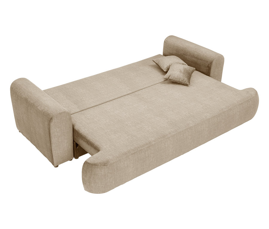 Ausgeklapptes beiges Schlafsofa mit zwei kleinen Kissen.