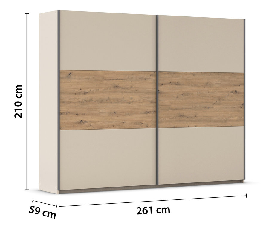 Beiger Kleiderschrank mit Holzdekor in der Mitte und Schiebetüren.