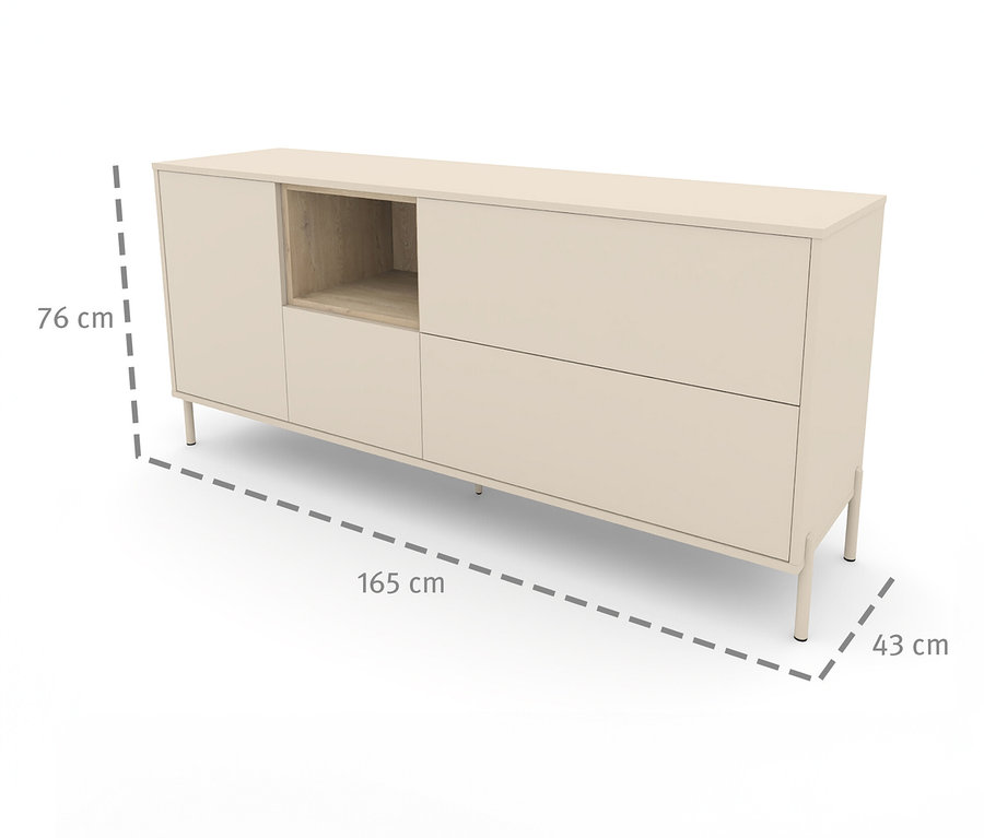 Das Sideboard »Hygge« mit 1 Tür in Cashmere-Weiß steht auf Füßen und hat Maßangaben eingeblendet.
