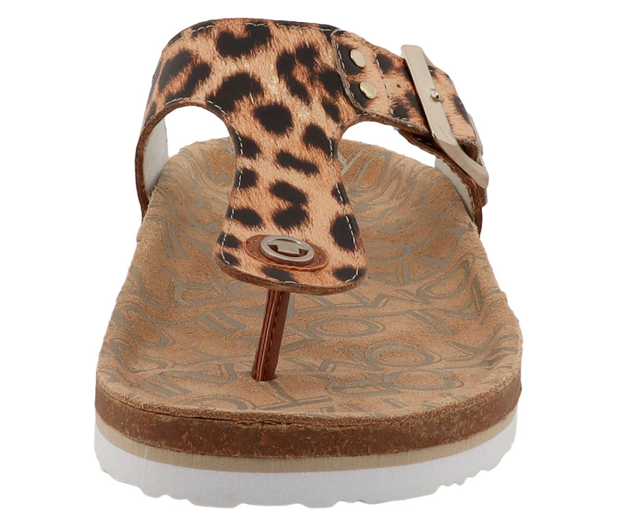 Nahaufnahme eines Tom Tailor Zehentrenners im Leo-Design mit beiger Schnalle und brauner Sohle.