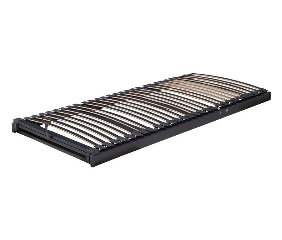 Nahaufnahme eines TEMPUR FORM™ Systemrahmen 1500 mit Gasdruckfeder, bestehend aus schwarzen Rahmen und hellen Latten.