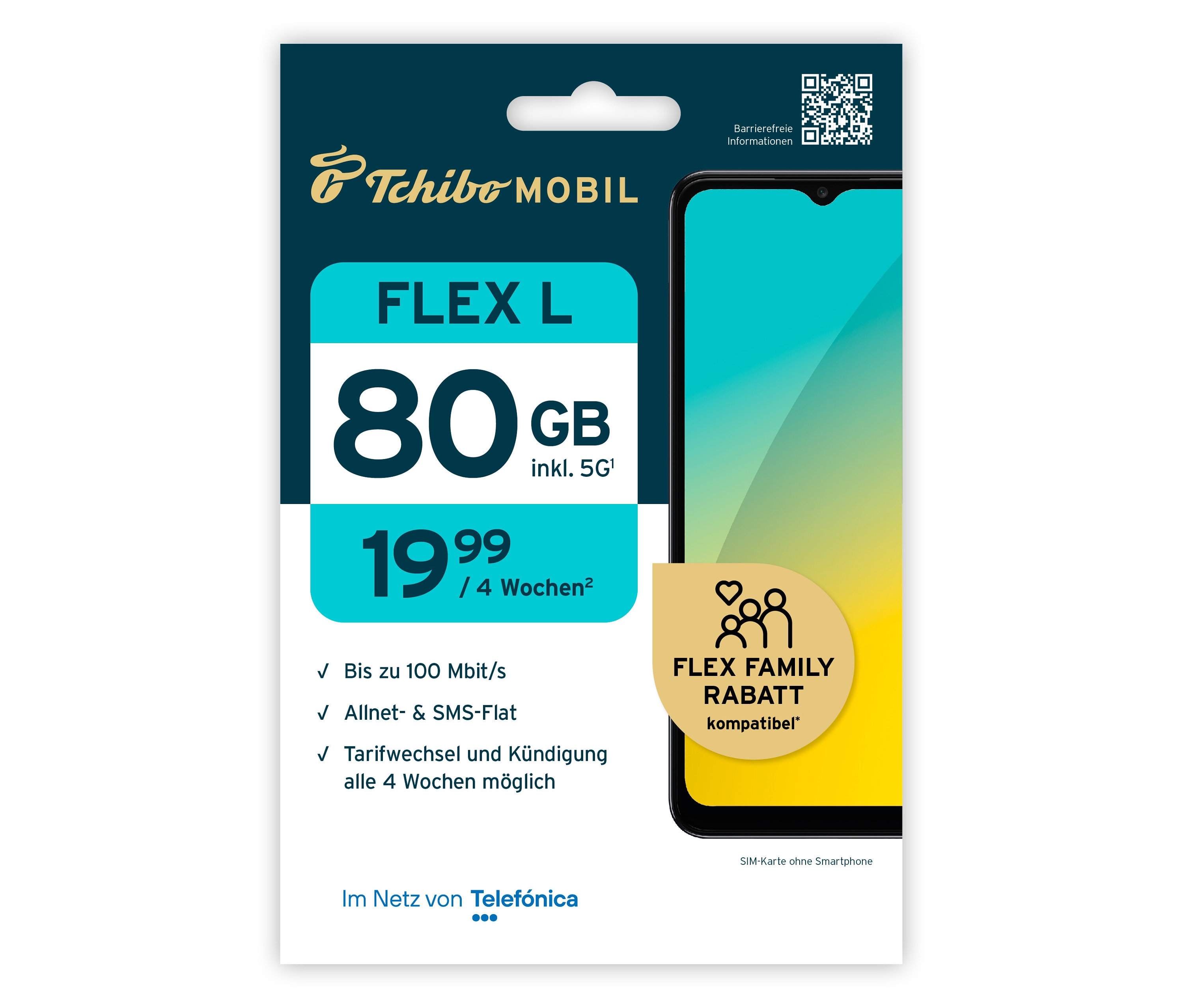 Nahaufnahme der Tchibo Mobil FLEX L SIM-Karte mit 80 GB und Smartphone-Illustration.