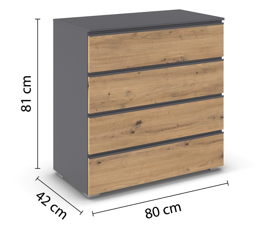 Grau-metallic/Eiche Artisan rauch Kommode »Joel« mit drei Schubladen und einer Nische.