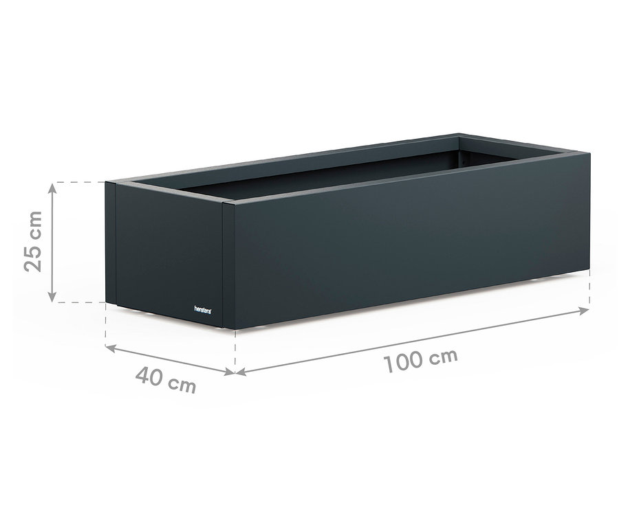 Abgebildet ist ein rechteckiger, anthrazitfarbener Pflanzkasten mit den Maßen 100 cm Länge, 40 cm Breite und 25 cm Höhe.