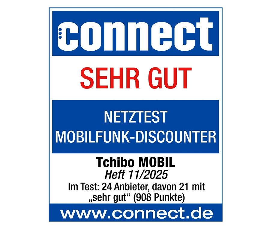 Das Connect-Siegel „SEHR GUT“ für Tchibo MOBIL, Heft 11/2025, als Mobilfunk-Discounter. Getestet mit 24 Anbietern, davon 21 mit „sehr gut“.