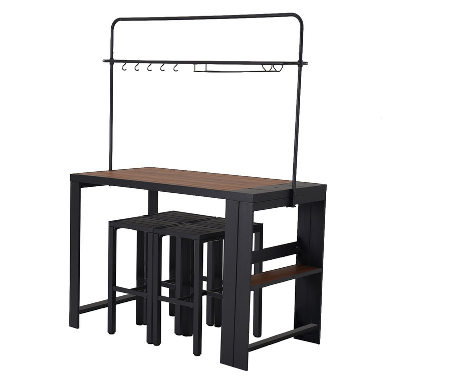 Leco Bartisch mit Holzplatte und schwarzem Metallgestell mit 4 Hockern, die darunter verstaut sind.