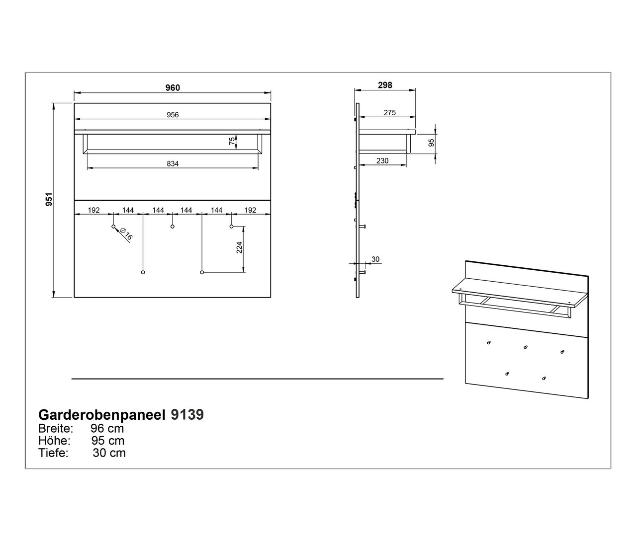 Technische Zeichnung des Garderobenpaneels »Cormano« mit Maßangaben und einer perspektivischen Darstellung.