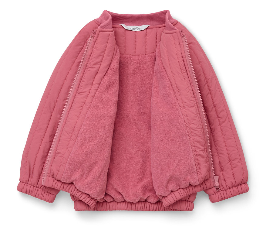 Offene, gesteppte, rosafarbene Jacke mit Reißverschluss und Fleece-Futter.