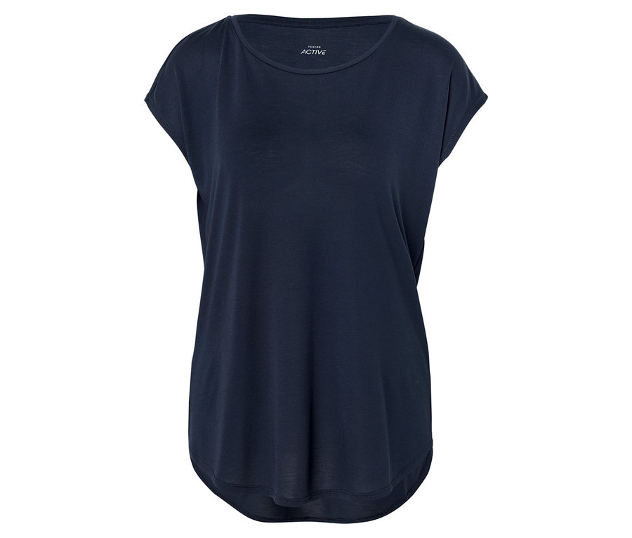 Dunkelblaues T-Shirt auf weißem Hintergrund.