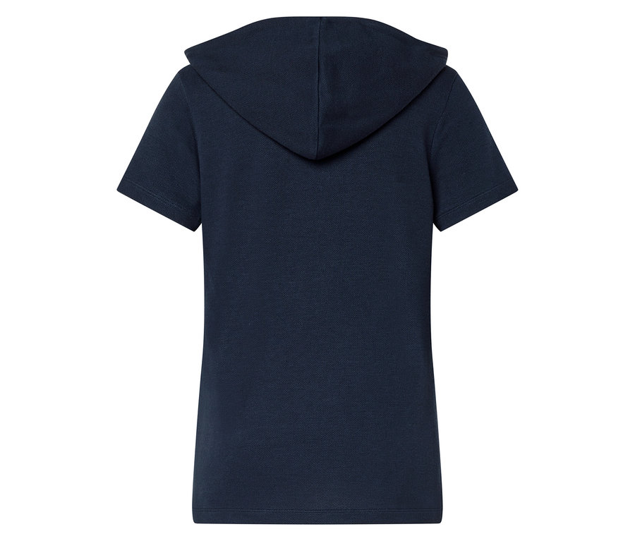 Rückansicht eines marineblauen Kapuzen-T-Shirts.