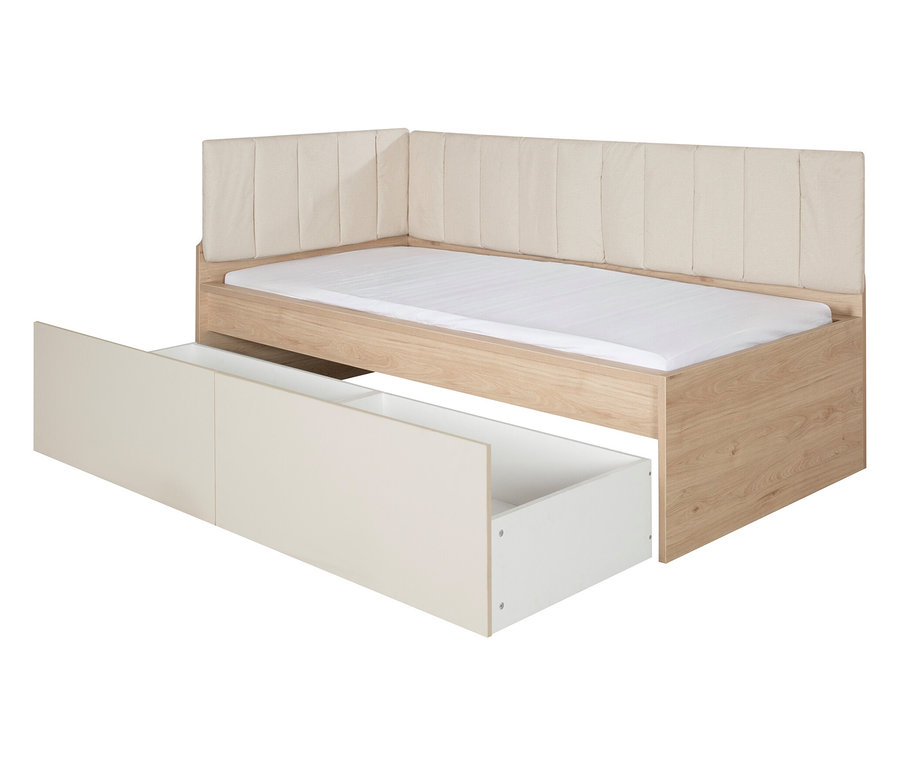 Das Roba Jugendbett »Louisa«, 90 x 200 cm, hat einen hellen Holzrahmen, ein beiges, gepolstertes Kopfteil und eine Schublade.