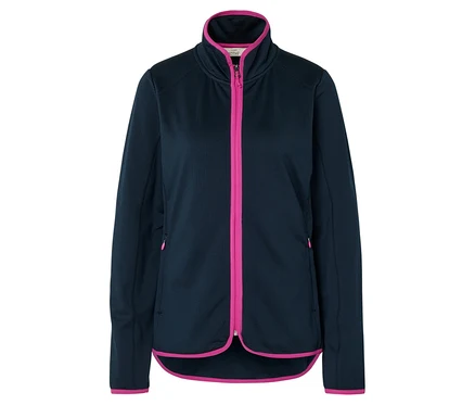Marineblaue Fleecejacke mit pinkfarbenem Reißverschluss und Bündchen.