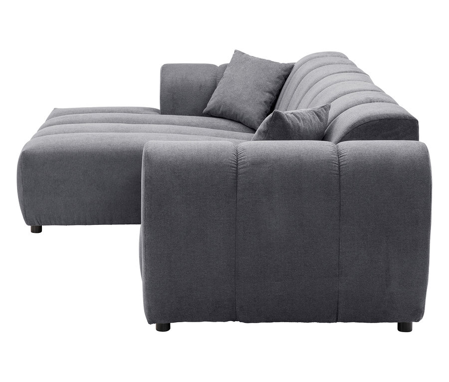 Graues modulares Sofa mit Kissen auf weißem Hintergrund.