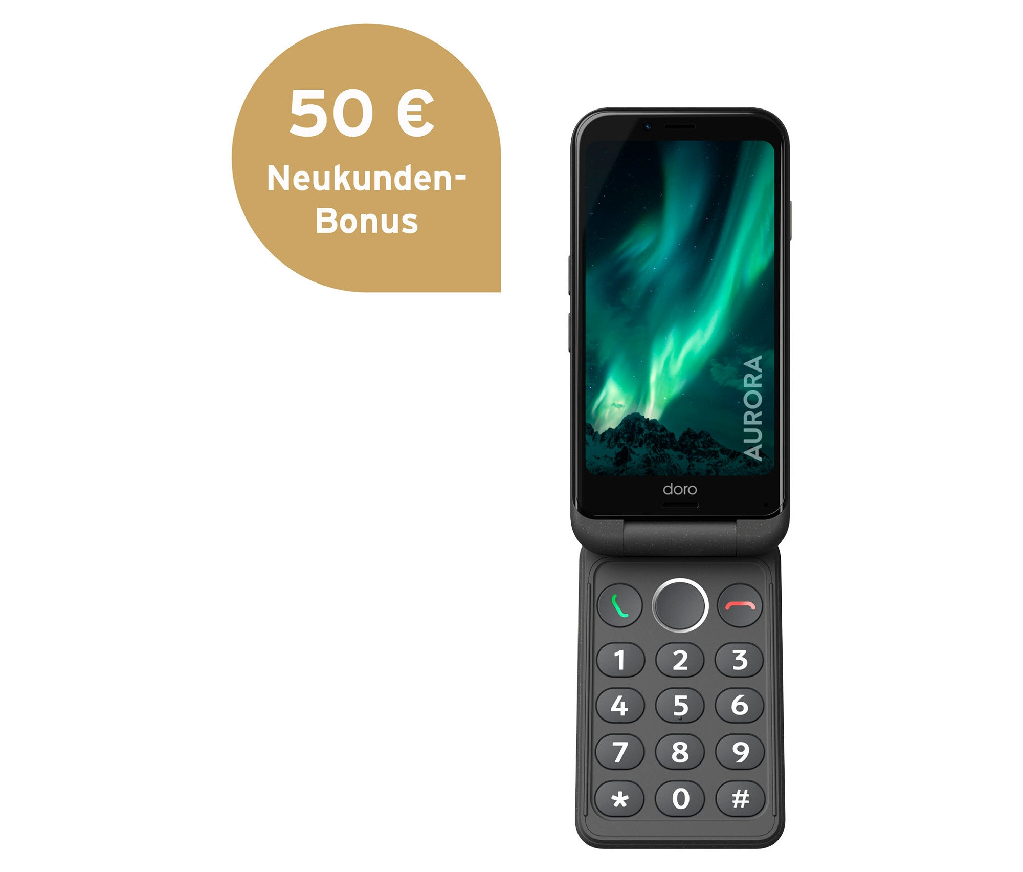 Das geöffnete Doro Aurora A20 64 GB Graphit Klapphandy zeigt auf dem oberen Bildschirm eine Aurora Borealis. Die Tastatur ist sichtbar.
