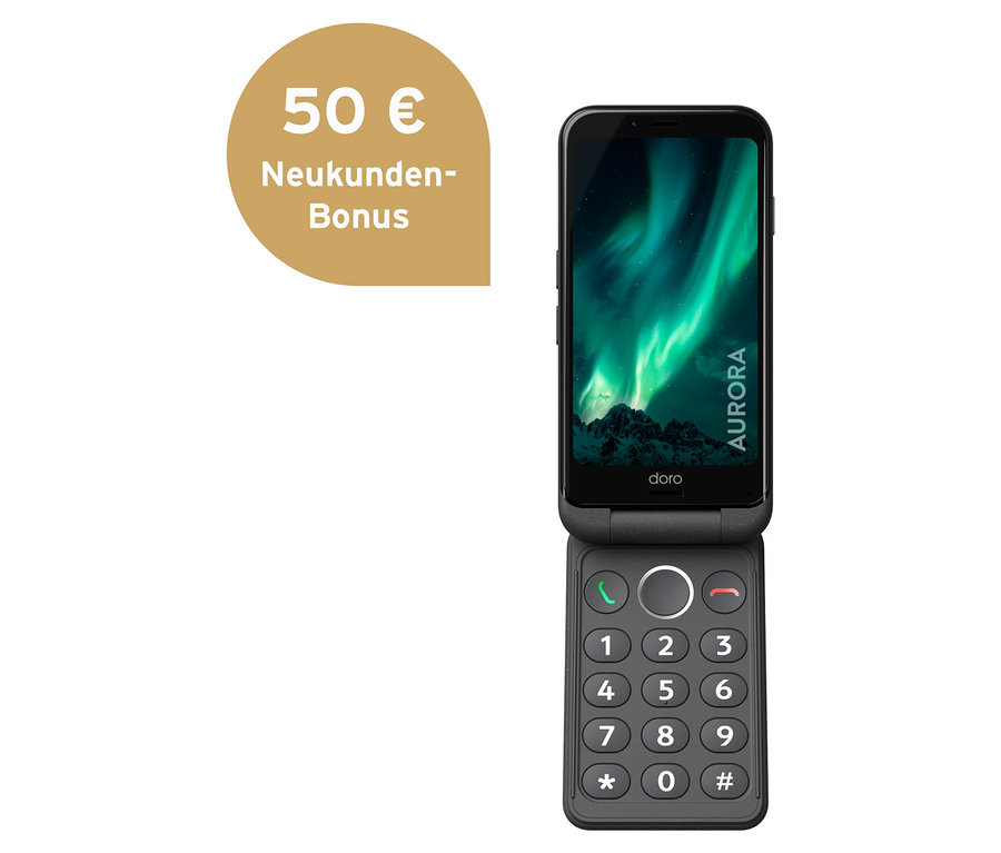 Das geöffnete Doro Aurora A20 64 GB Graphit Klapphandy zeigt auf dem oberen Bildschirm eine Aurora Borealis. Die Tastatur ist sichtbar.