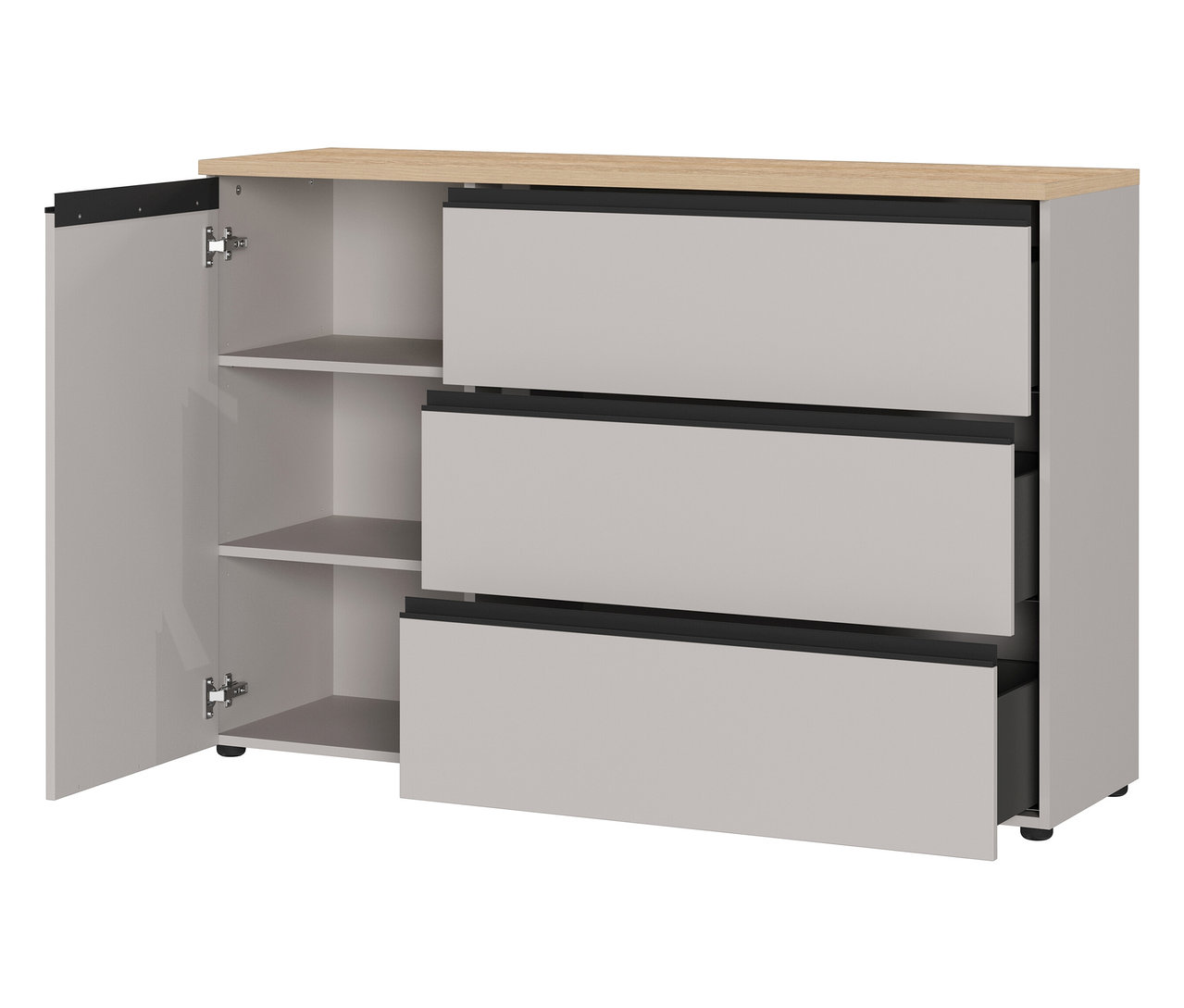 Die große Kommode »Cormano« in Grau mit drei Schubladen, von denen eine geöffnet ist, und einer offenen Tür mit zwei Regalböden.