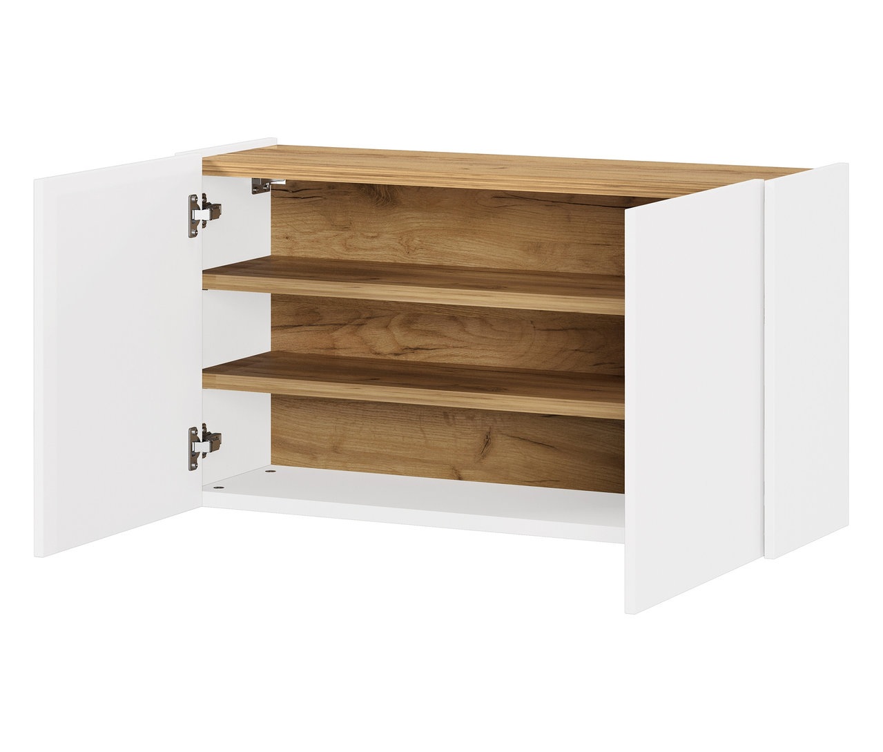 Offener, weißer Wandschrank mit drei Regalböden in Holzoptik.
