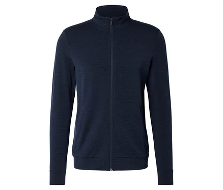 Marineblaue Jacke mit durchgehendem Reißverschluss und Stehkragen vor weißem Hintergrund.