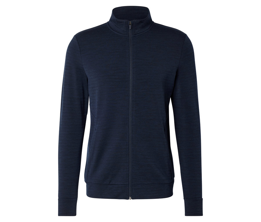 Marineblaue Jacke mit durchgehendem Reißverschluss und Stehkragen vor weißem Hintergrund.