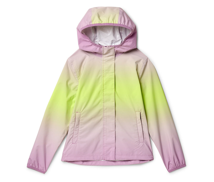 Lila-gelbe, leichte Regenjacke mit Kapuze, flach ausgelegt.