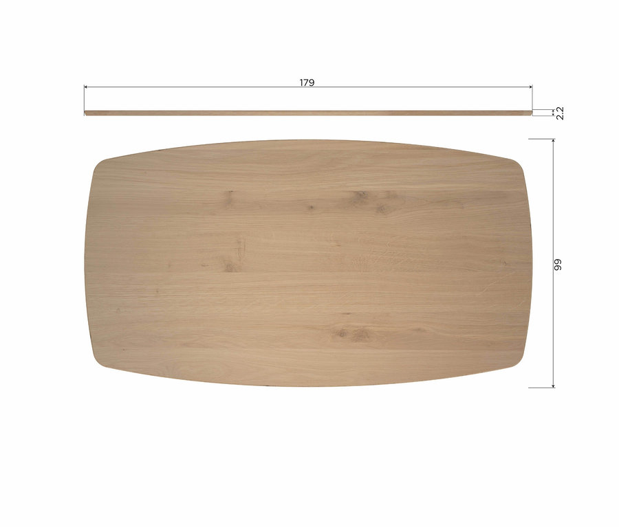 Helle, rechteckige Tischplatte aus Holz mit abgerundeten Ecken, Maße 179x99x2,2 cm.