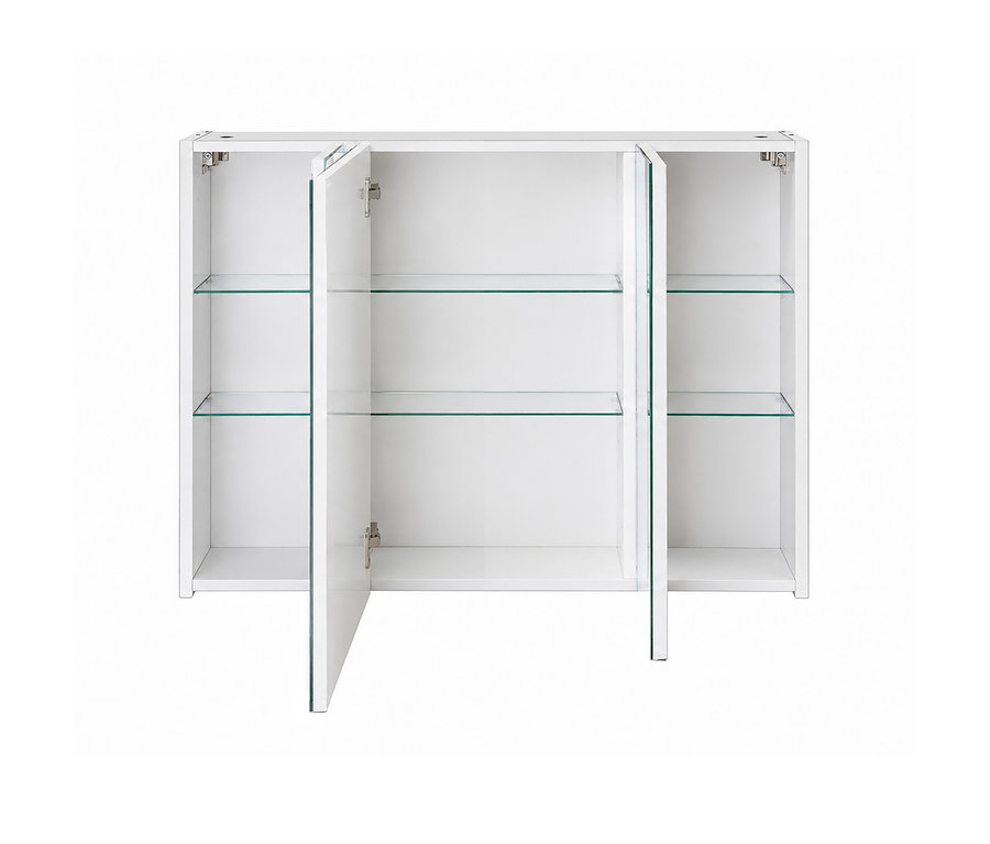 Weißer Spiegelschrank »Basic«, 100 cm, mit drei geöffneten Türen und Glasablagen.