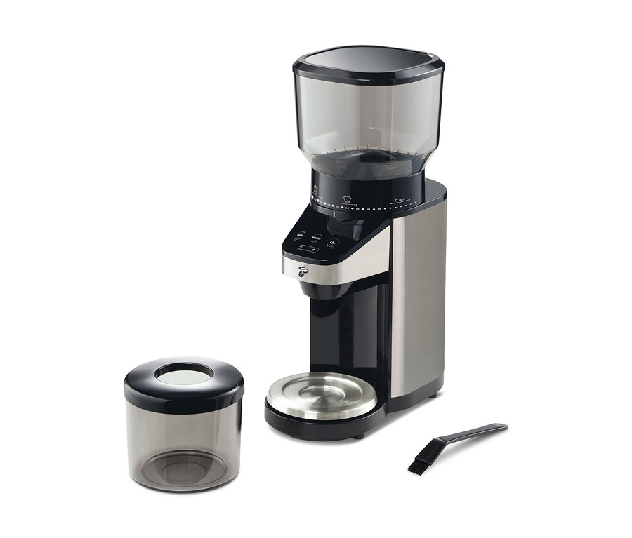 Elektrische Kaffeemühle mit Waage, mit Behälter für gemahlenen Kaffee und Reinigungsbürste.