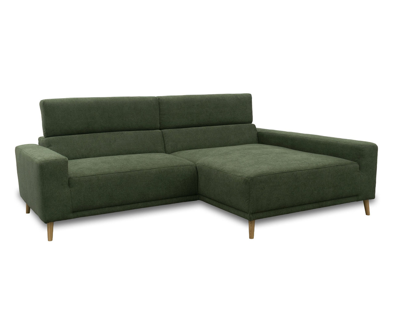 Grünes DOMO Sofa »Malmö« mit Longchair rechts, Kopfteilverstellung und Holzfüßen.