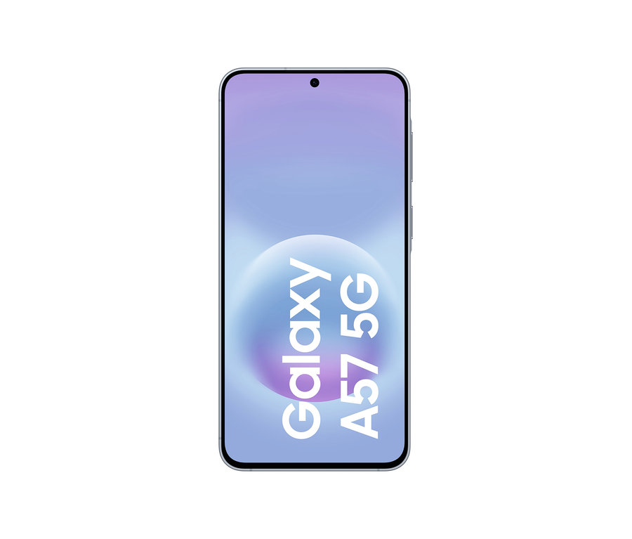 Vorderansicht eines Samsung Galaxy A57 5G Smartphones in Awesome Icyblue, das "Galaxy A57 5G" auf seinem Bildschirm anzeigt.