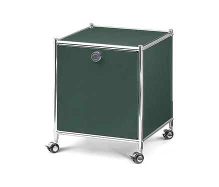 Dunkelgrüner, würfelförmiger Rollcontainer mit einer Tür, einem runden Griff und einem verchromten Rahmen auf Rollen.