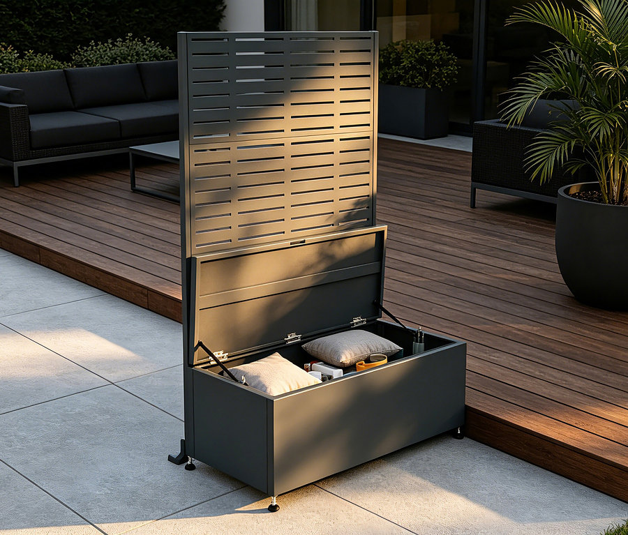 Eine offene dunkelgraue Outdoor-Aufbewahrungsbox mit integriertem Lamellen-Sichtschutz steht auf hellgrauen Fliesen. Im Inneren sind zwei helle Kissen zu sehen. Dahinter befindet sich eine Holzterrasse mit einem dunklen Sofa und einer großen Topfpflanze.