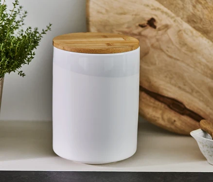 Weiße Kaffeedose aus Keramik mit Holzdeckel, 500g.