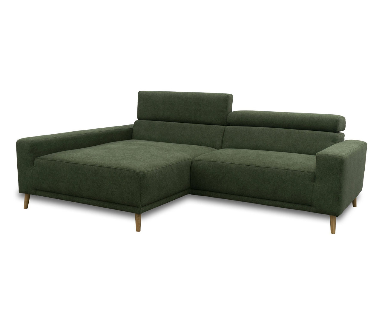 Grünes DOMO Sofa »Malmö« mit Longchair links, Kopfteilverstellung und Holzfüßen.
