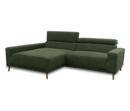 Grünes DOMO Sofa »Malmö« mit Longchair links, Kopfteilverstellung und Holzfüßen.