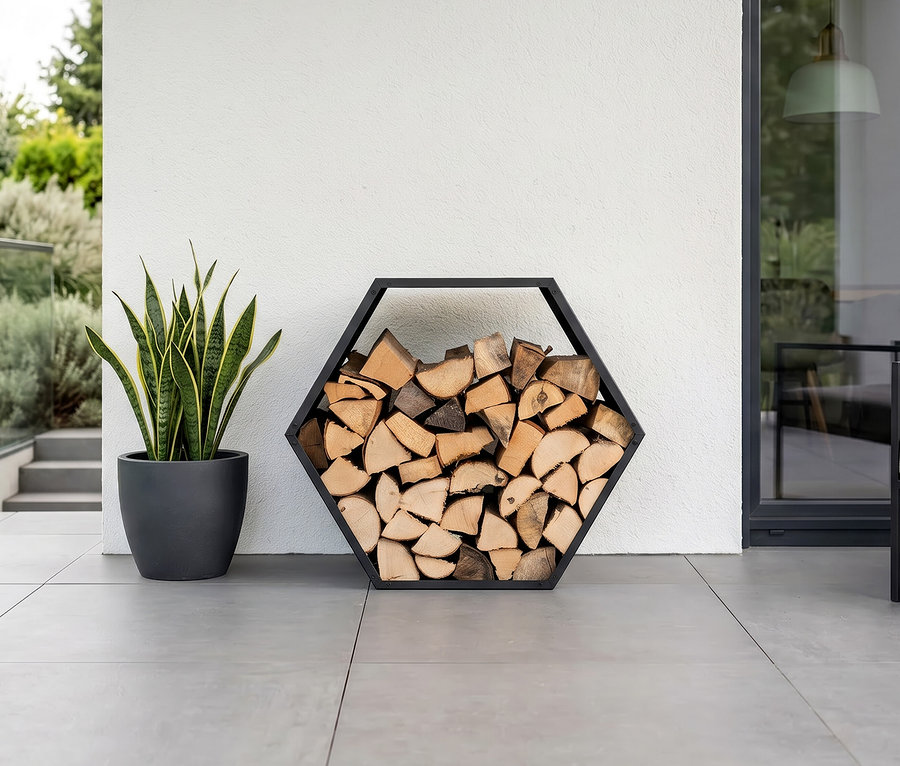 Außenbereich mit schwarzem, sechseckigem Kaminholzregal voller Holzscheite, einem Bogenhanf in dunklem Topf und einer Glastür.