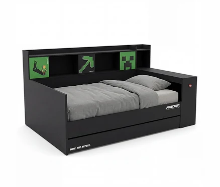 Schwarzes Roba Jugendbett »Minecraft«, 120 x 200 cm, mit grauer Bettwäsche. Das Kopfteil hat ein Regal und Minecraft-Motive, die Unterseite eine Gästebettfunktion.