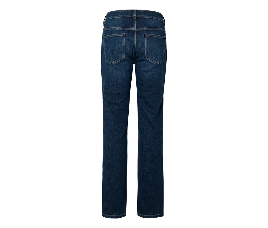 Dunkelblaue Jeans aus Denim, von hinten gesehen, mit zwei Gesäßtaschen und Gürtelschlaufen.