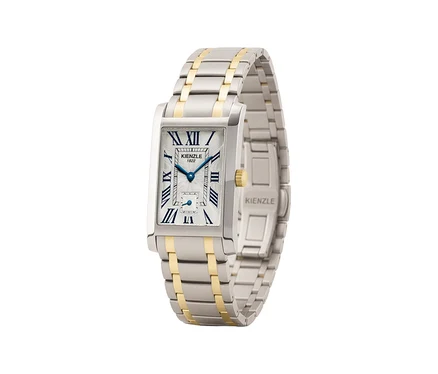 Nahaufnahme der Kienzle Uhr »Bella Classica«, bicolor mit silbernem Zifferblatt und goldfarbenen Akzenten am Armband.