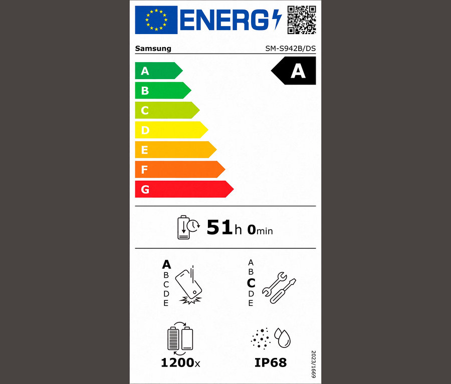 Energielabel für Samsung Galaxy S26 5G 256GB black Smartphone: Energieeffizienzklasse A, 51h Akkulaufzeit, Sturzfestigkeit A, Reparierbarkeit C, 1200 Ladezyklen, IP68.